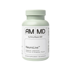 Amy Myers MD NeuroLive bottle front with capsules promoting cognitive support.