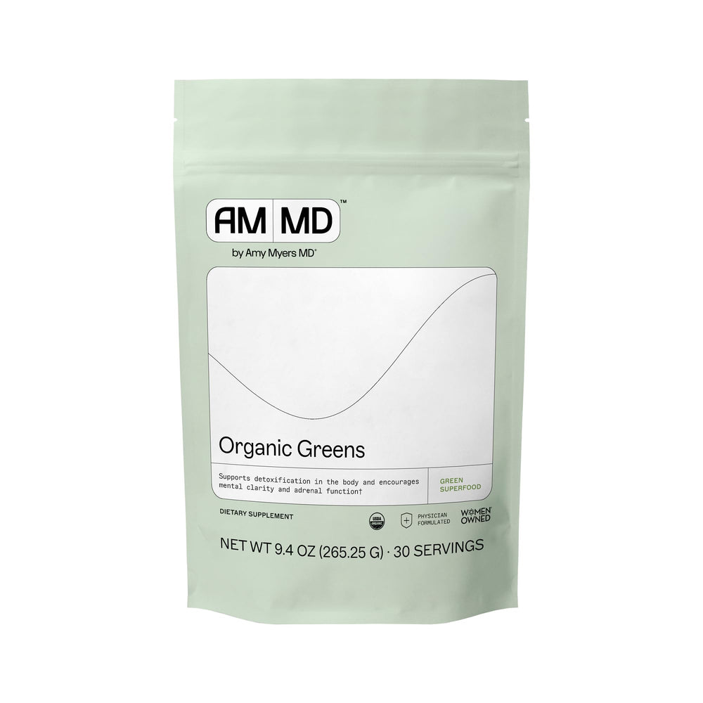 Amy Myers MD Organic Greens Powder tub front for daily vitality