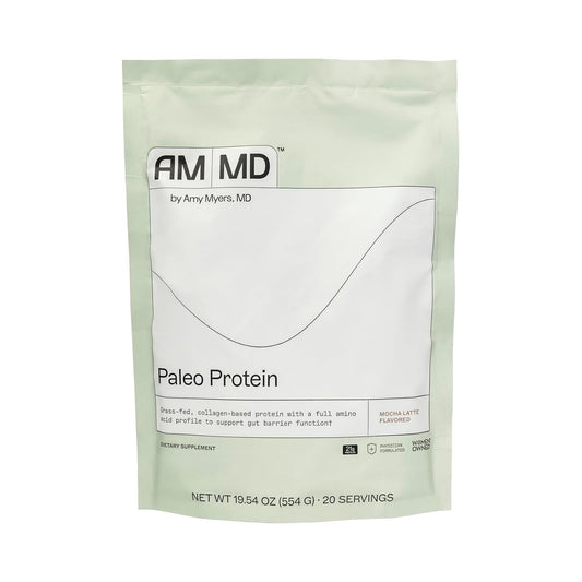 Amy Myers MD Paleo Protein Powder Mocha Latte packaging highlights gluten-free and non-dairy nutrition.