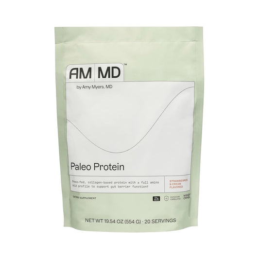 Amy Myers MD paleo protein powder strawberries and cream jar for gut-friendly nourishment.