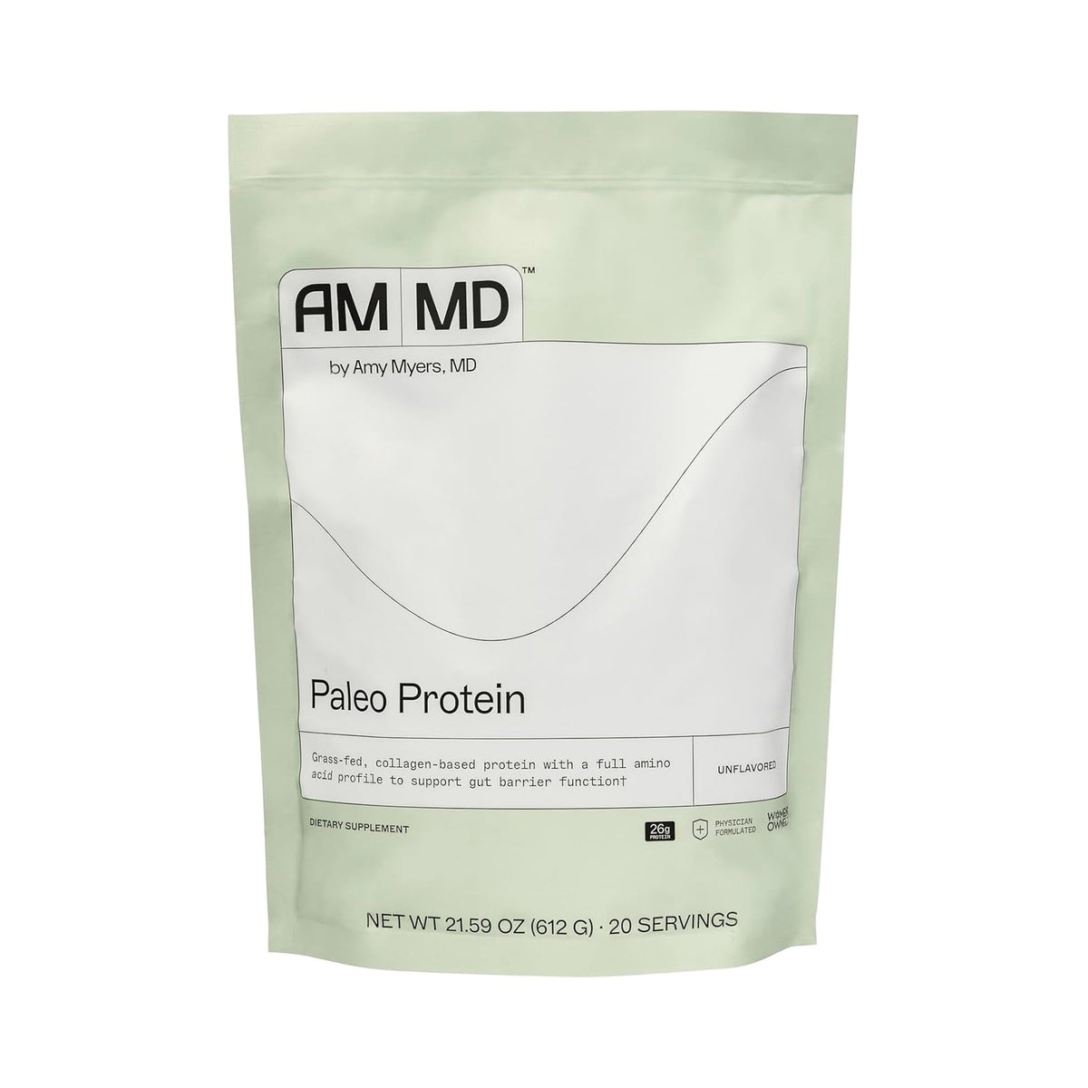 Amy Myers MD Paleo Protein unflavored bottle highlights grass-fed collagen benefits for daily nutrition.