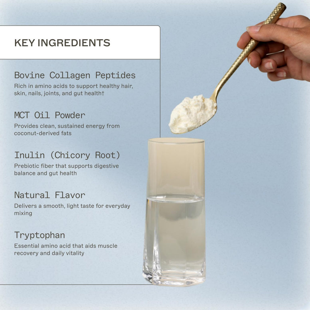 Smooth vanilla bean shake in a glass ready for daily protein boost from Amy Myers MD.