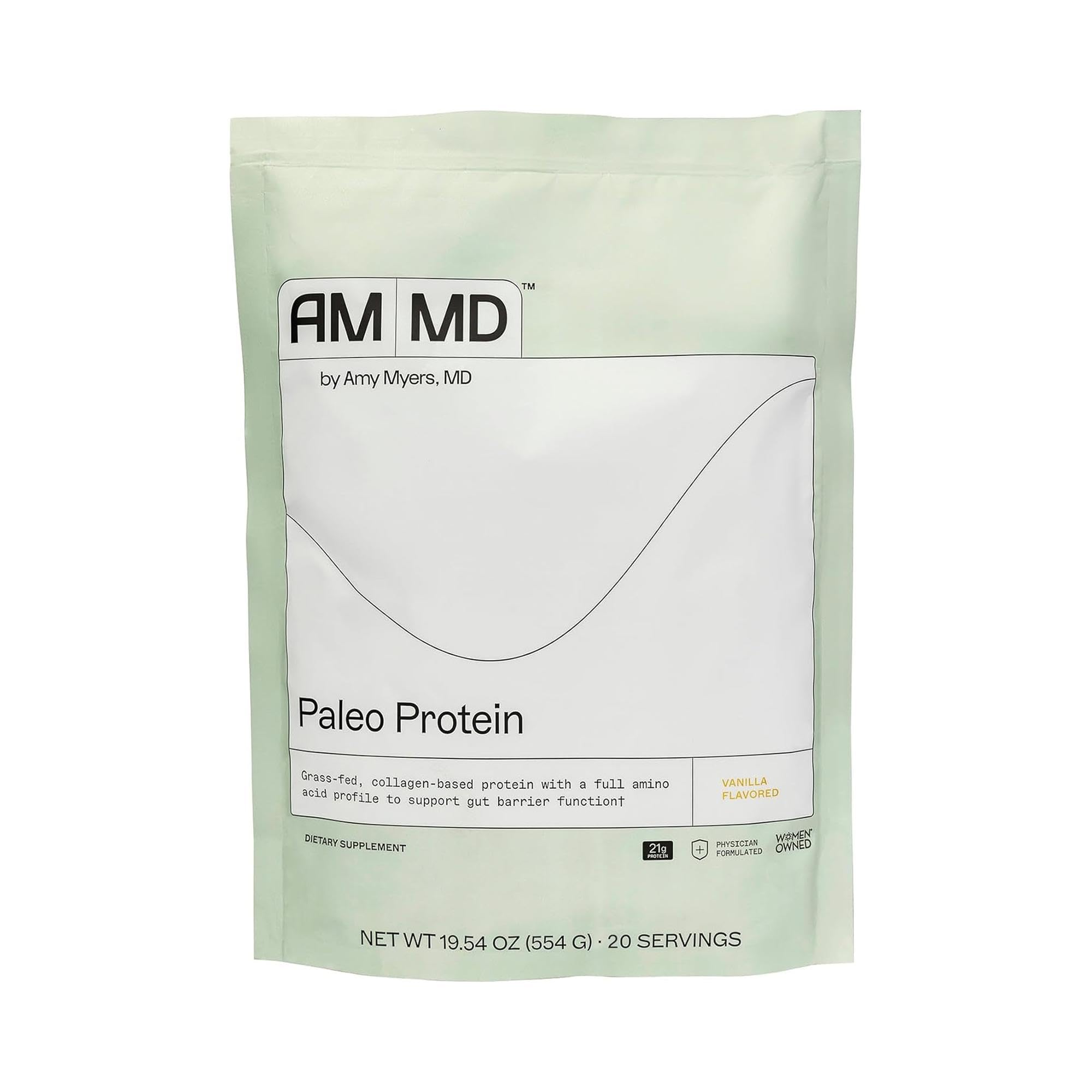 Amy Myers MD Paleo Protein Vanilla Bean packaging highlights gluten-free and dairy-free formula.
