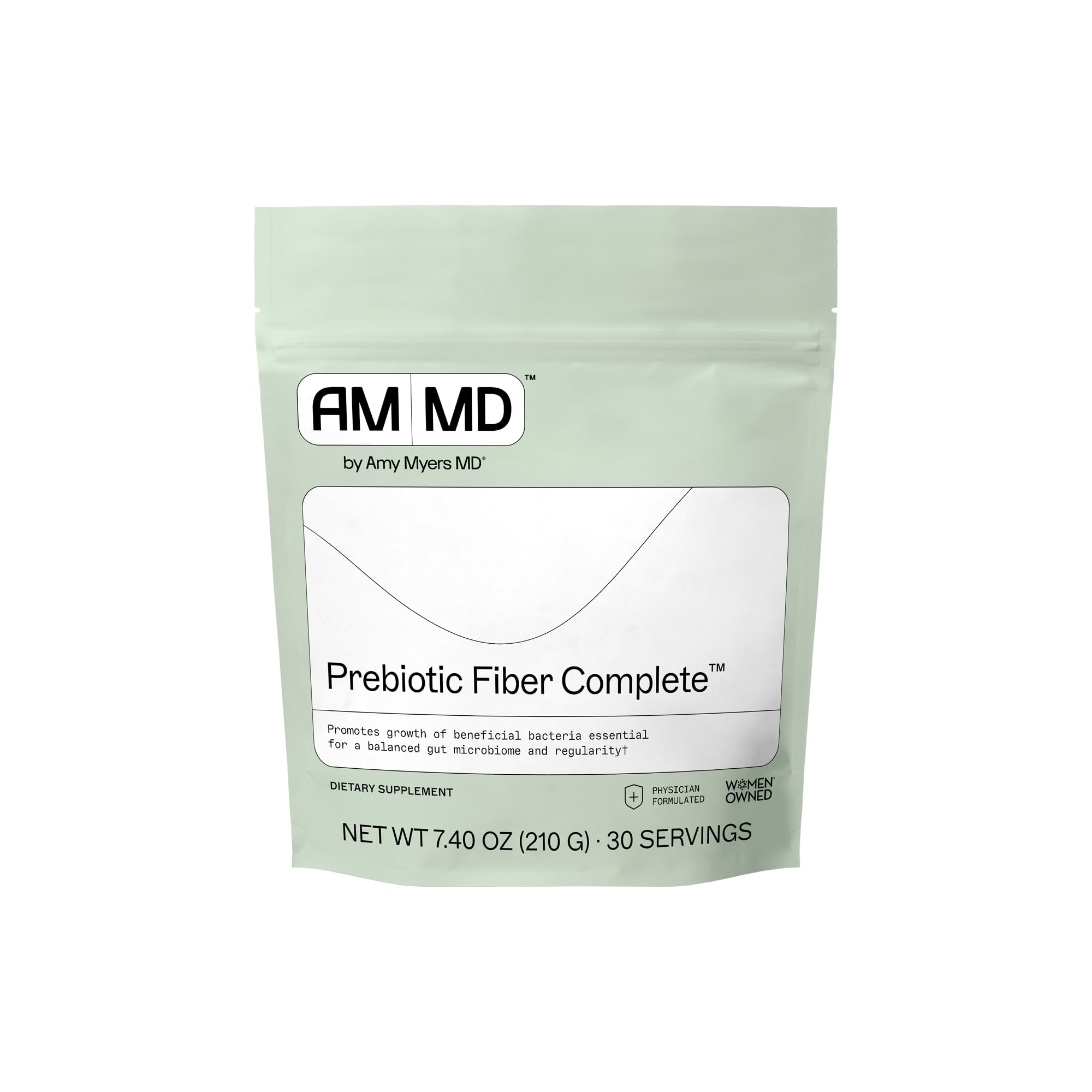 Amy Myers MD Prebiotic Fiber Powder bottle showcases organic acacia fiber for gut support