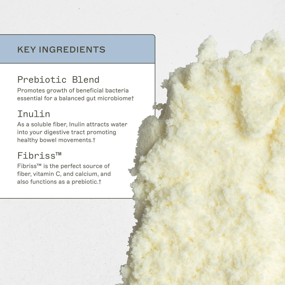 Amy Myers MD Prebiotic Fiber Powder being poured into glass highlights gluten-free formula