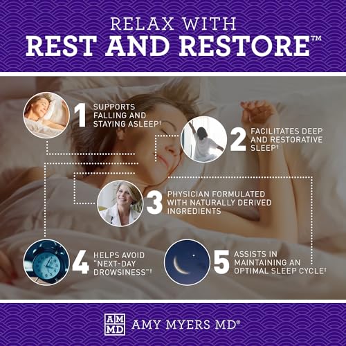 Amy Myers MD Rest and Restore label highlights gluten-free and non-habit forming features.