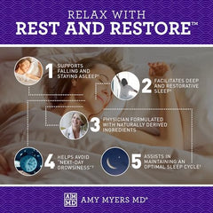 Amy Myers MD Rest and Restore label highlights gluten-free and non-habit forming features.