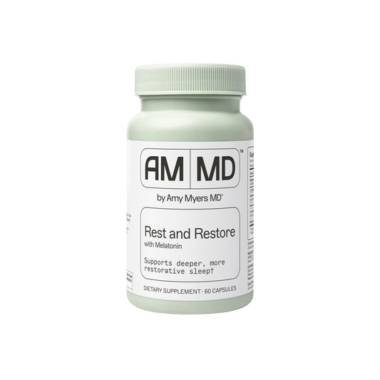 Amy Myers MD Rest & Restore melatonin bottle promotes calm sleep.