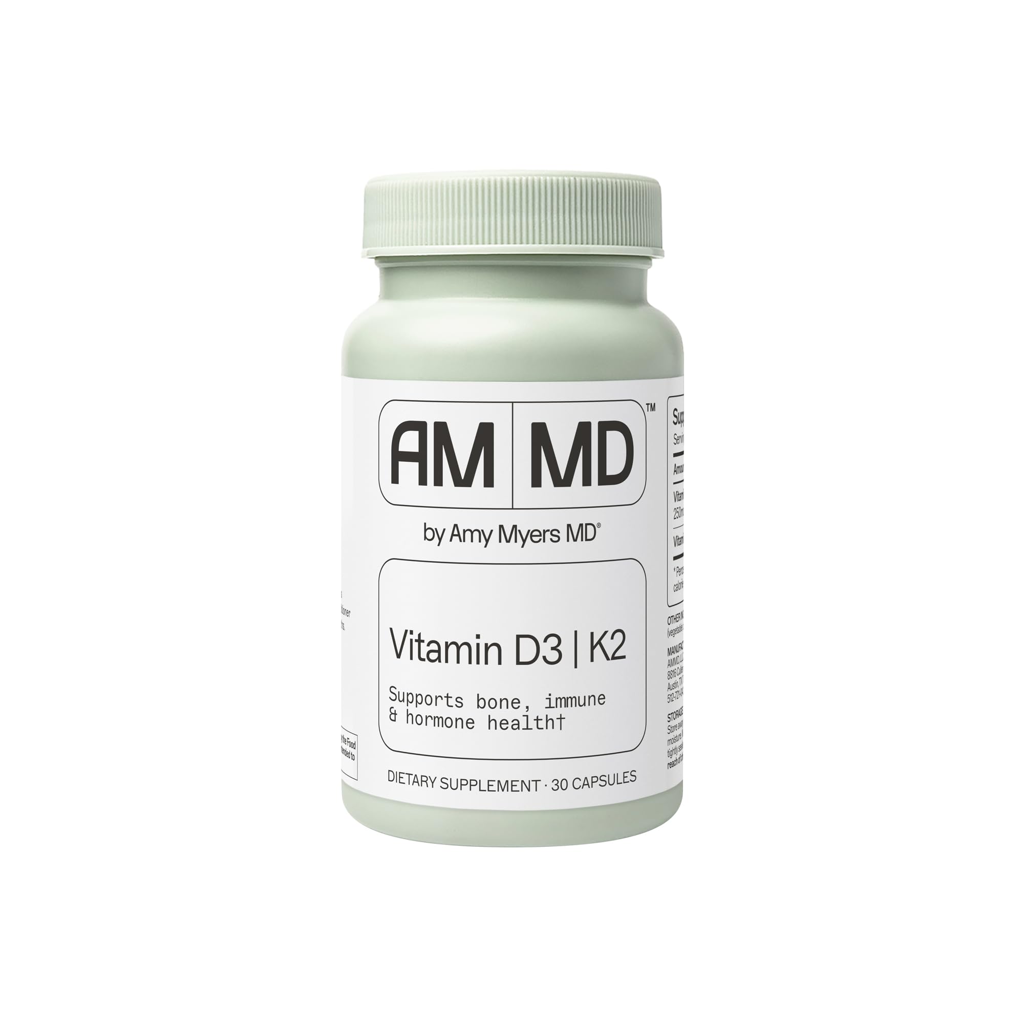 Amy Myers MD Vitamin D3/K2 capsules bottle highlights bone health and immune support.