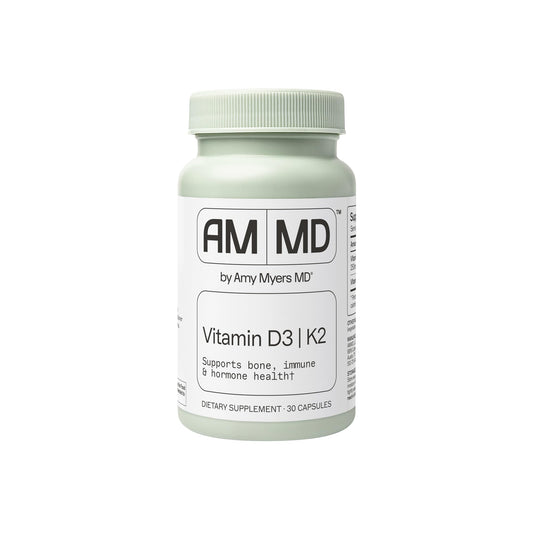Amy Myers MD Vitamin D3/K2 capsules bottle highlights bone health and immune support.