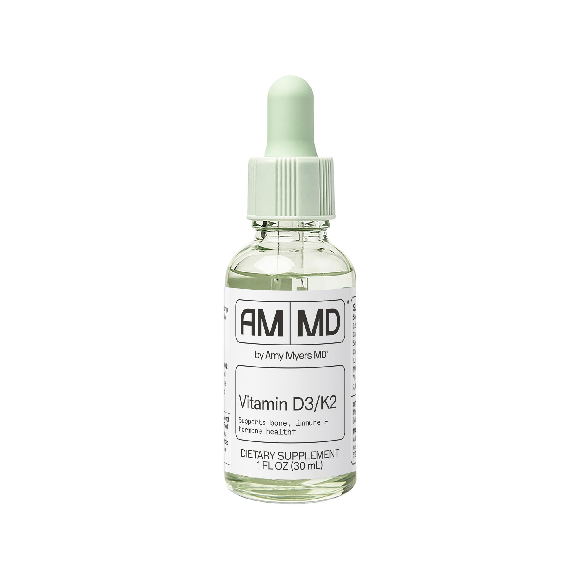 Amy Myers MD Vitamin D3/K2 liquid bottle showing high-absorption formula for bone health.