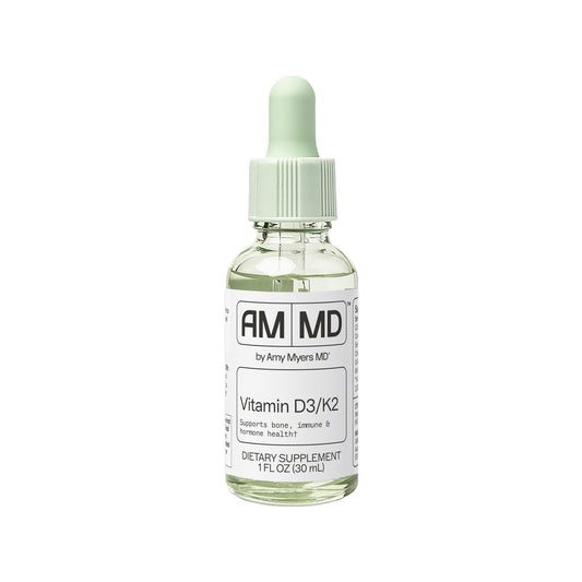 Amy Myers MD Vitamin D3/K2 liquid bottle showing high-absorption formula for bone health.