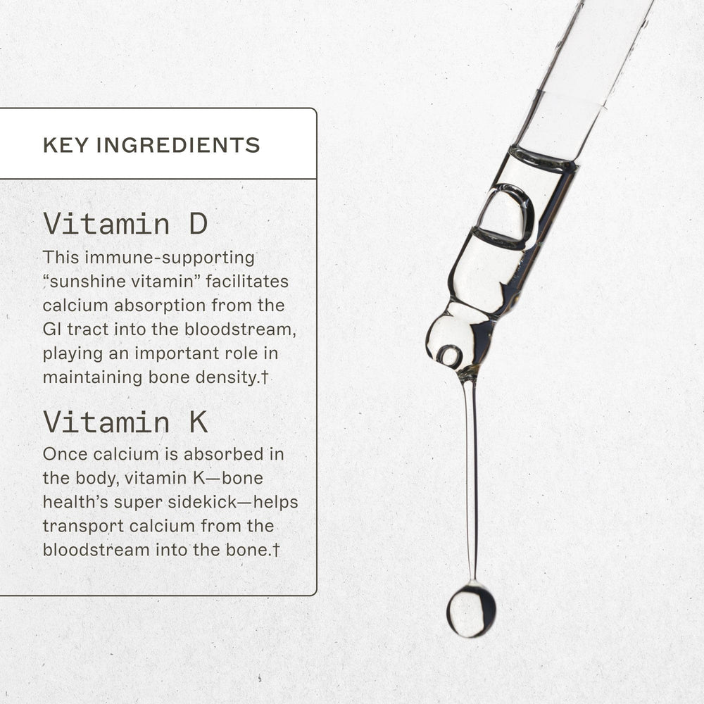 Close-up of vitamin D3 and K2 liquid ingredients and bioavailable blend.
