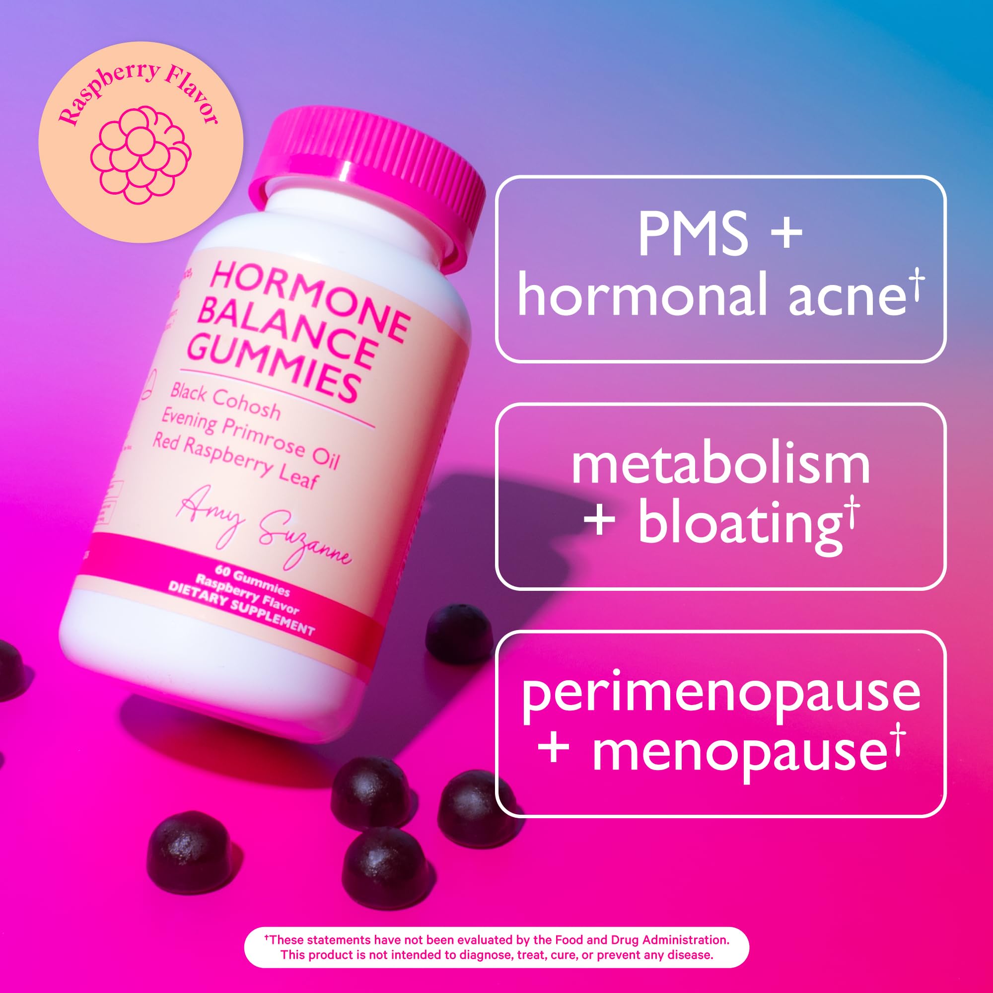 Amy Suzanne Hormone Balance Gummies bottle side, easy two-gummy daily dose.
