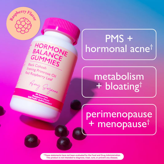 Amy Suzanne Hormone Balance Gummies bottle side, easy two-gummy daily dose.