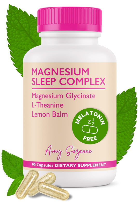 Amy Suzanne Magnesium Sleep Complex bottle closeup, showcasing vegan formula for calm nights.