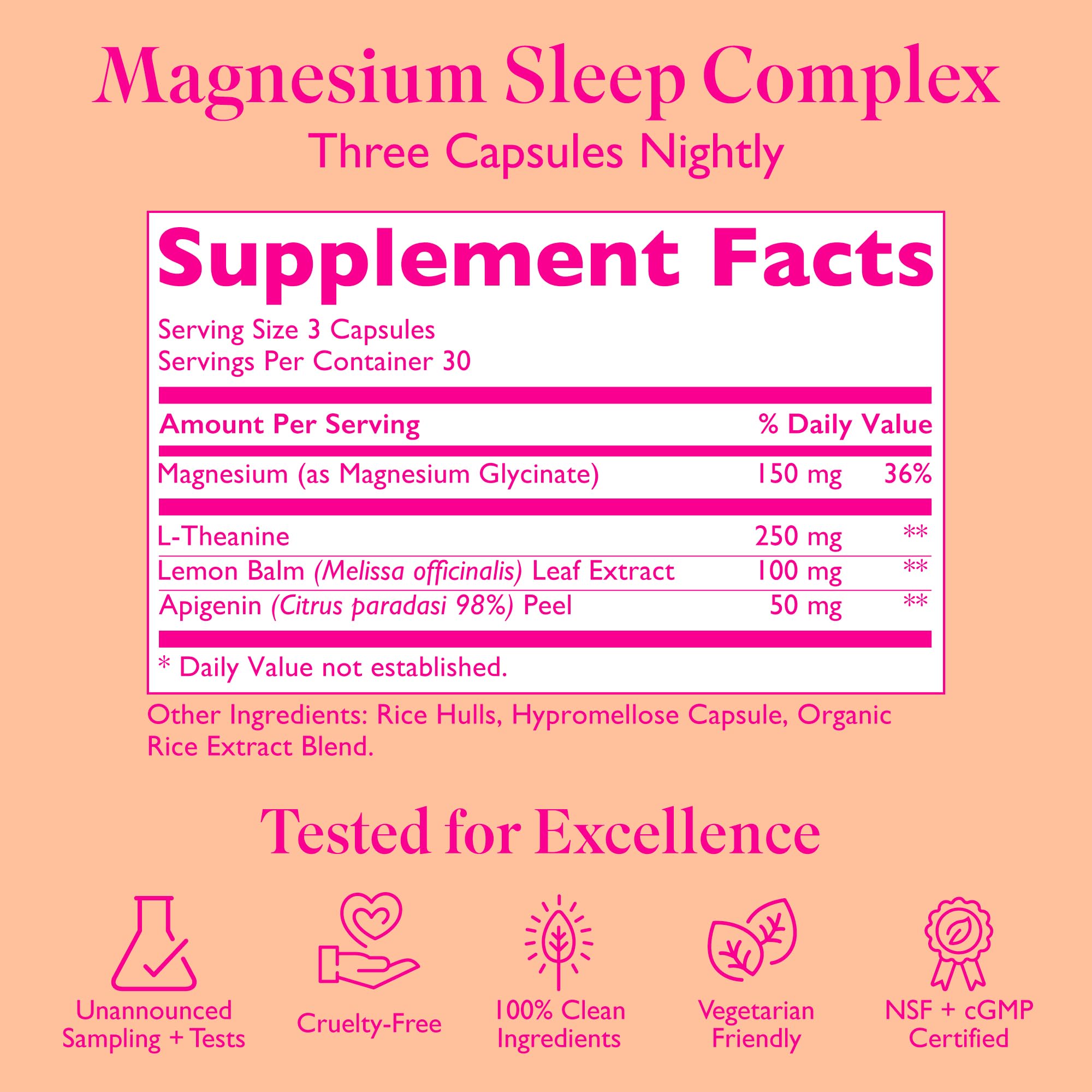 Amy Suzanne Magnesium Sleep ingredients L-Theanine, highlighting stress-free support.