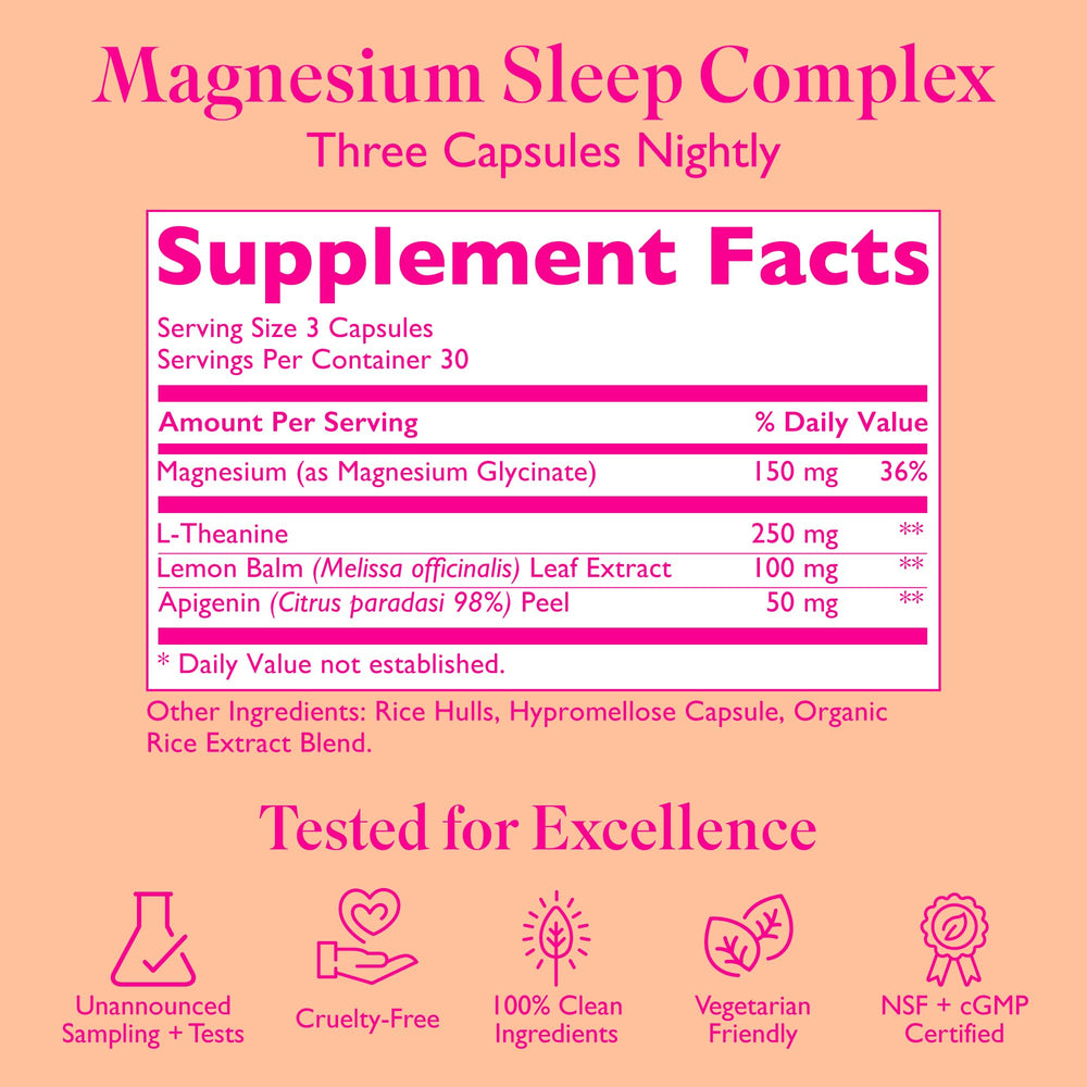 Amy Suzanne Magnesium Sleep ingredients L-Theanine, highlighting stress-free support.