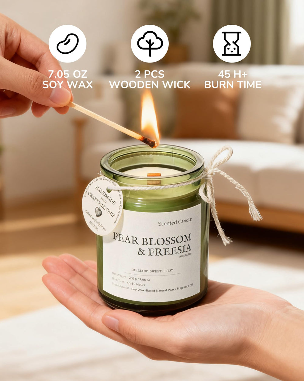 AMYRYLAN soy wax candle with double wooden wicks delivers crackling ambiance