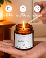 AMYRYLAN jasmine candle in amber jar for relaxing spa vibes.