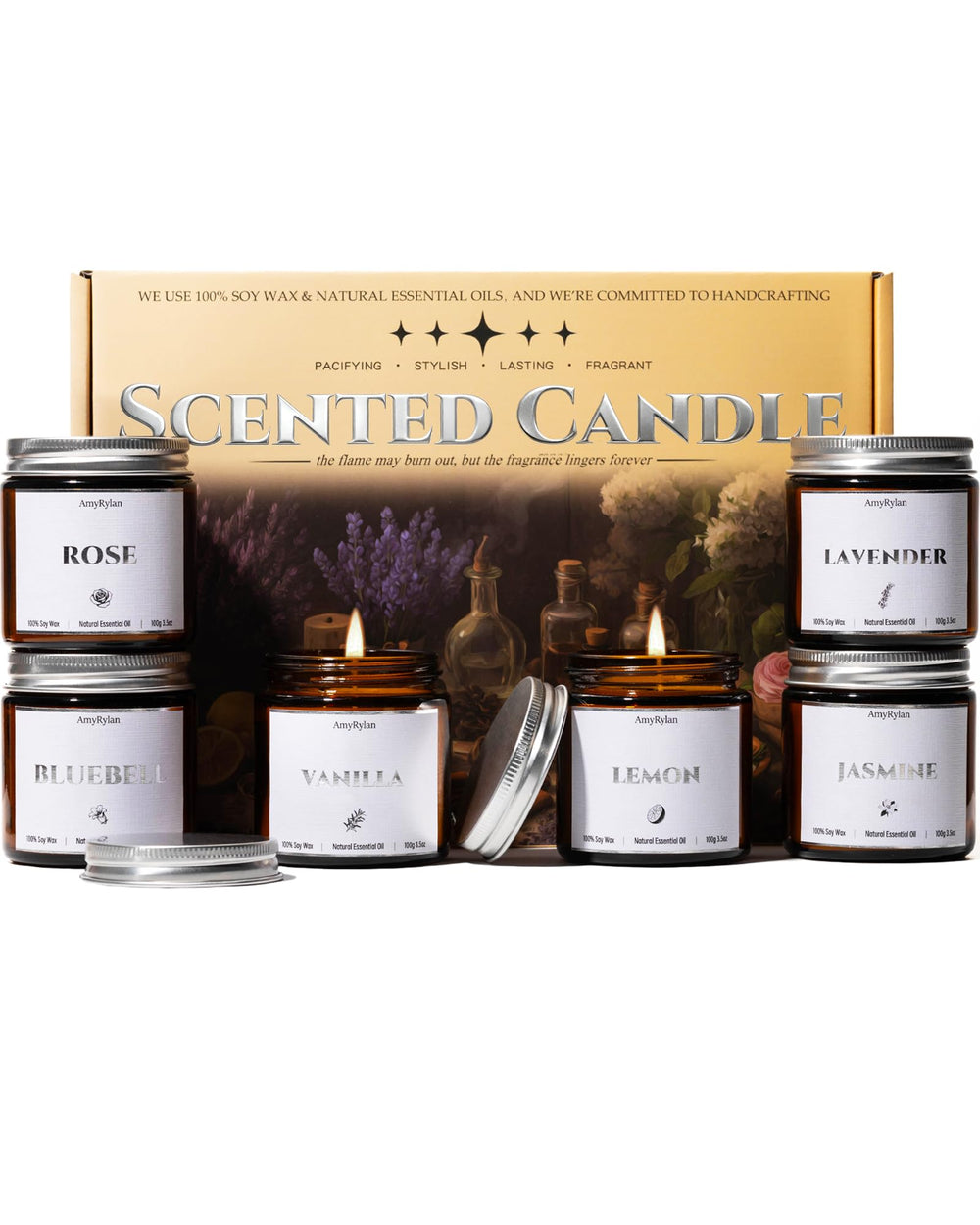 AMYRYLAN vanilla candle in amber jar for cozy evenings.