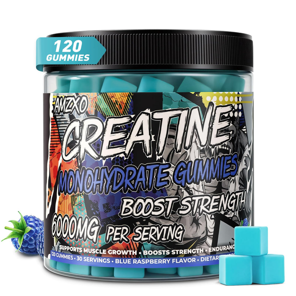 AMZXO Creatine Monohydrate Gummies bottle close-up showing 6000mg power