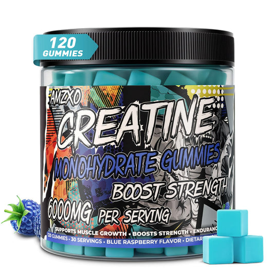AMZXO Creatine Monohydrate Gummies bottle close-up showing 6000mg power