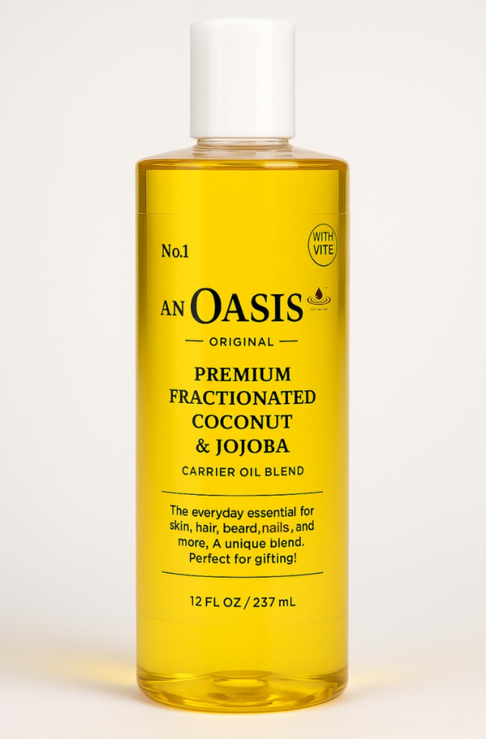 An Oasis coconut jojoba oil bottle pour for smooth skin and hair care.