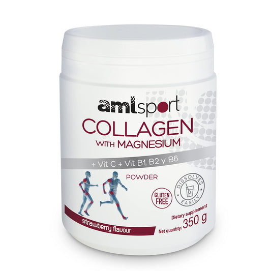 Ana María Lajusticia AML Sport collagen bottle shows gluten-free, sugar-free strawberry formulation for daily use