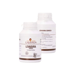 Ana María Lajusticia Brewer's Yeast shown with vegan and sugar-free symbols, suitable for plant-based diets.