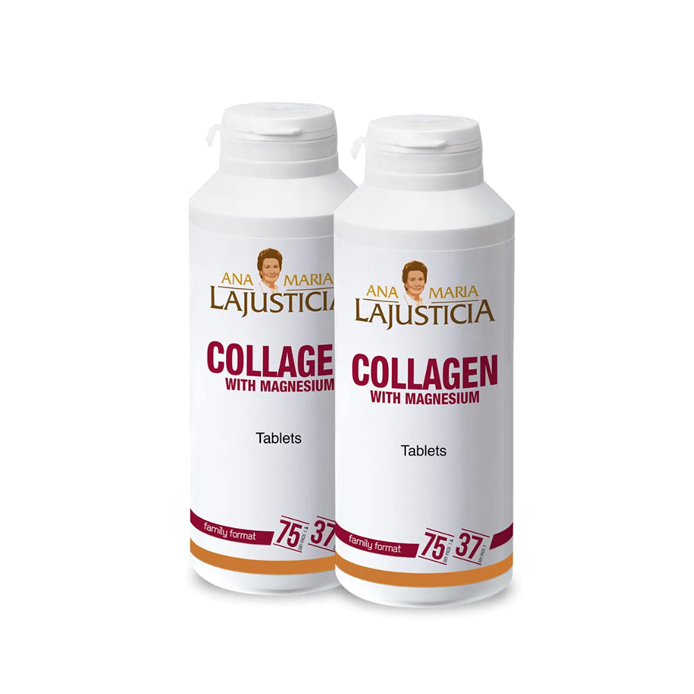 Ana Maria Lajusticia collagen magnesium bottle for daily skin and bone support.
