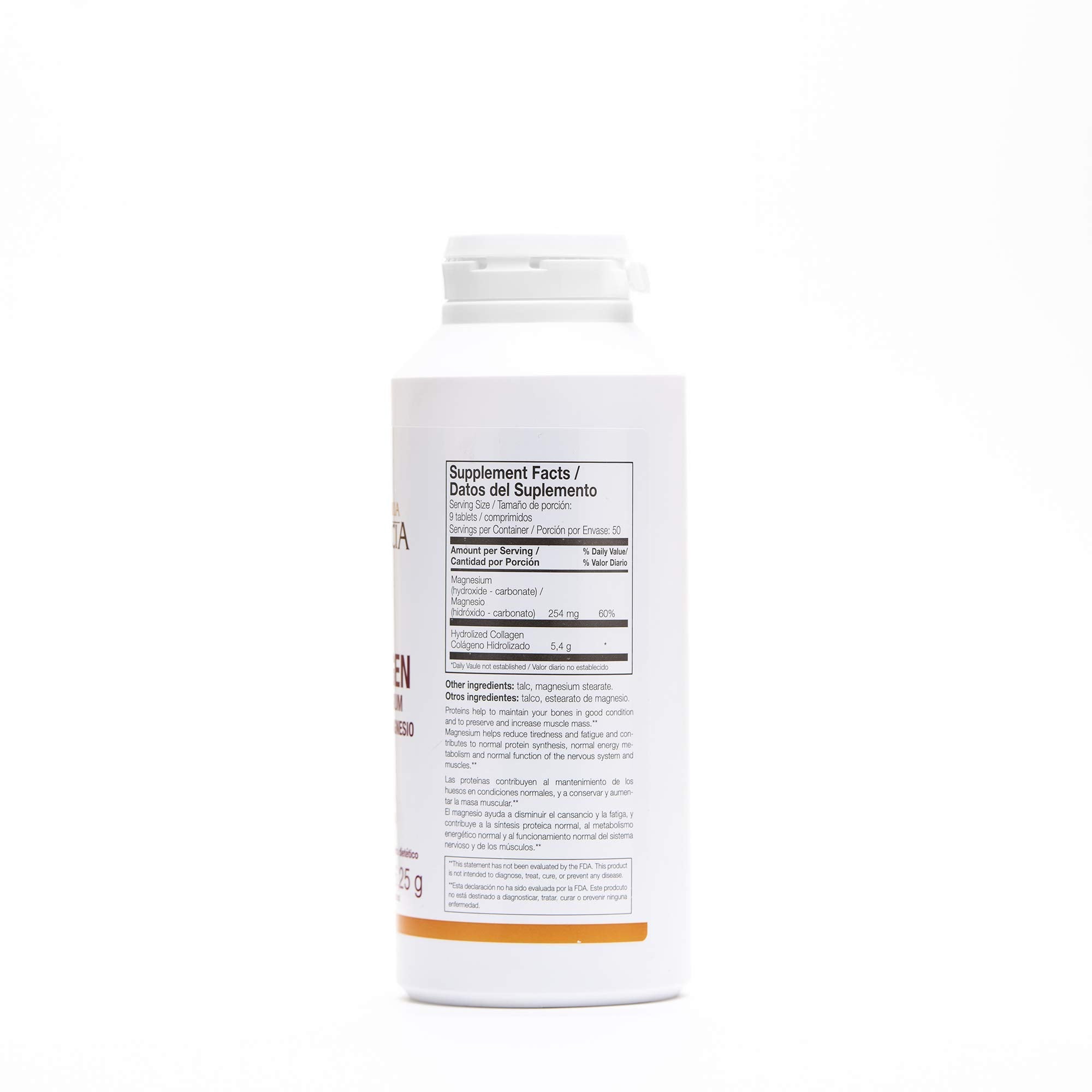 Ana Maria Lajusticia collagen pills bottle back view with magnesium blend