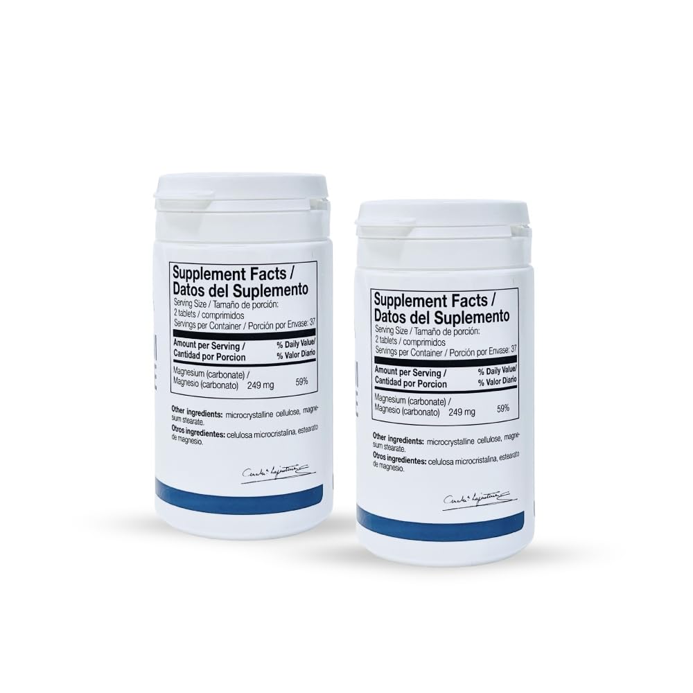 Ana Maria Lajusticia Magnesium Carbonate tablets close-up, unflavored and easy to swallow.