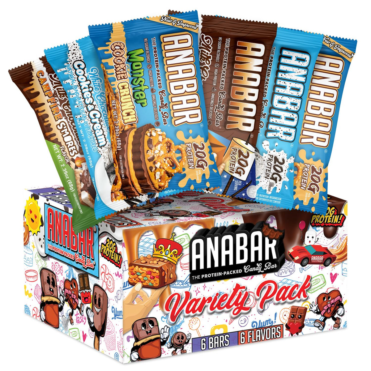 FINAL BOSS ANABAR sampler pack box front showing six protein bars for on-the-go snacking