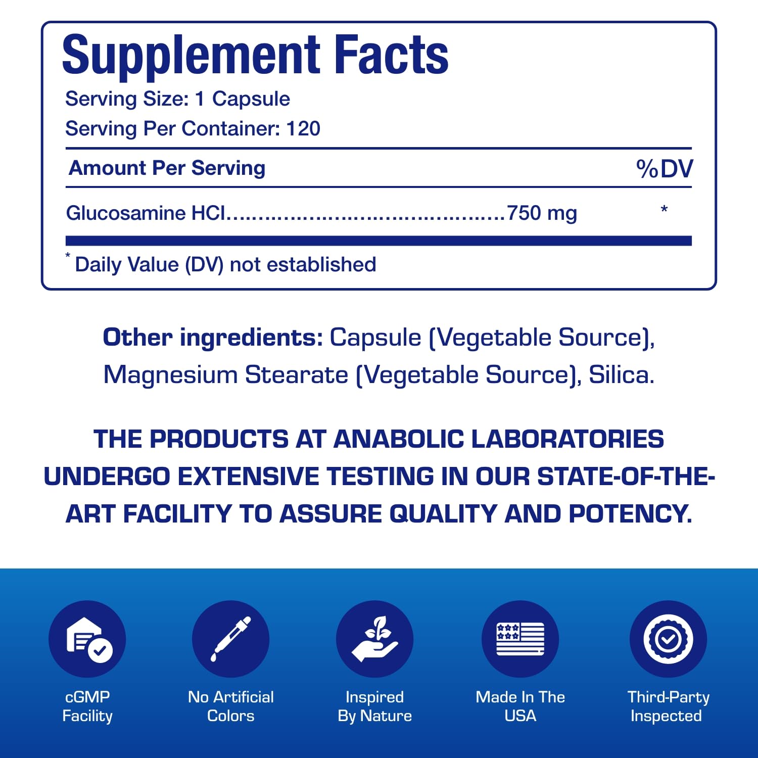 Anabolic Laboratories vegan glucosamine label detail shows non-GMO and shellfish-free