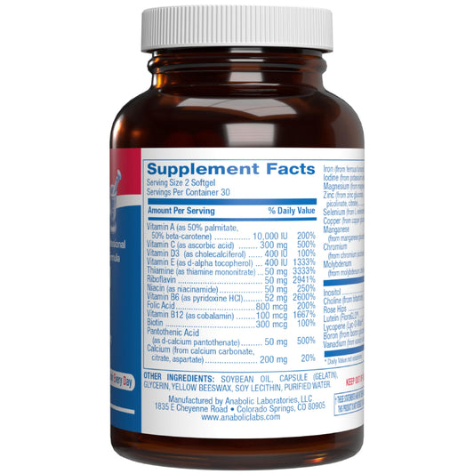 Anabolic Laboratories 30-in-1 bottle cap close-up emphasizing easy-to-take capsules for convenient daily use.