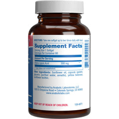 Nutrition facts and non-GMO claim on Alpha Lipoic Acid bottle