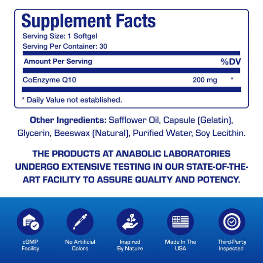Close-up of Anabolic Laboratories CoQ10 label on the bottle highlighting easy-to-swallow softgels.
