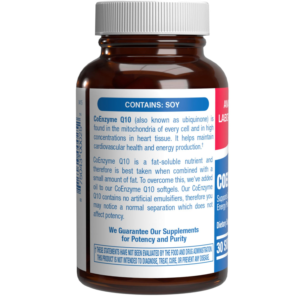 Nutrition facts panel on Anabolic Laboratories CoQ10 bottle for potency transparency.