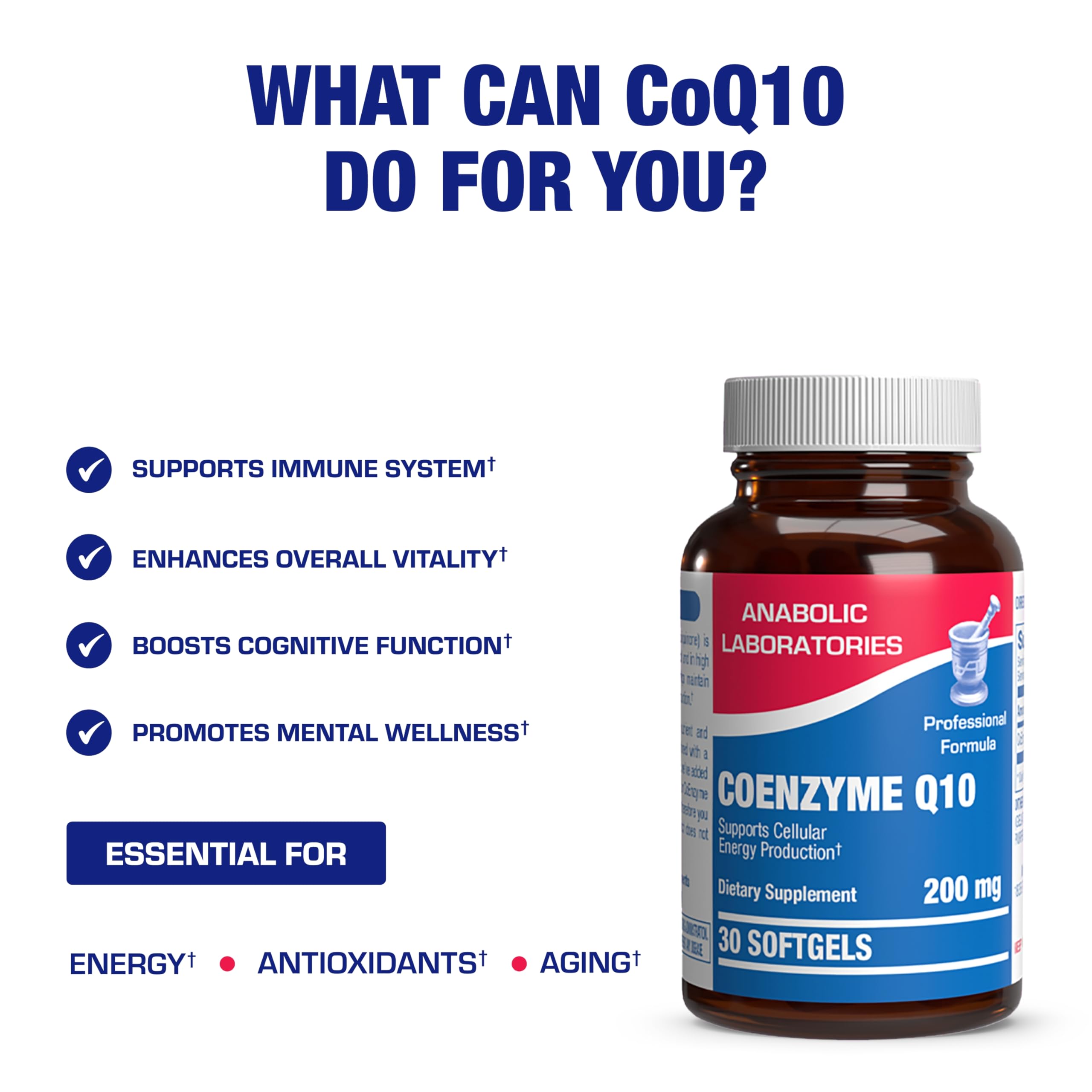 CoQ10 softgels being poured from Anabolic Laboratories bottle for energy support.