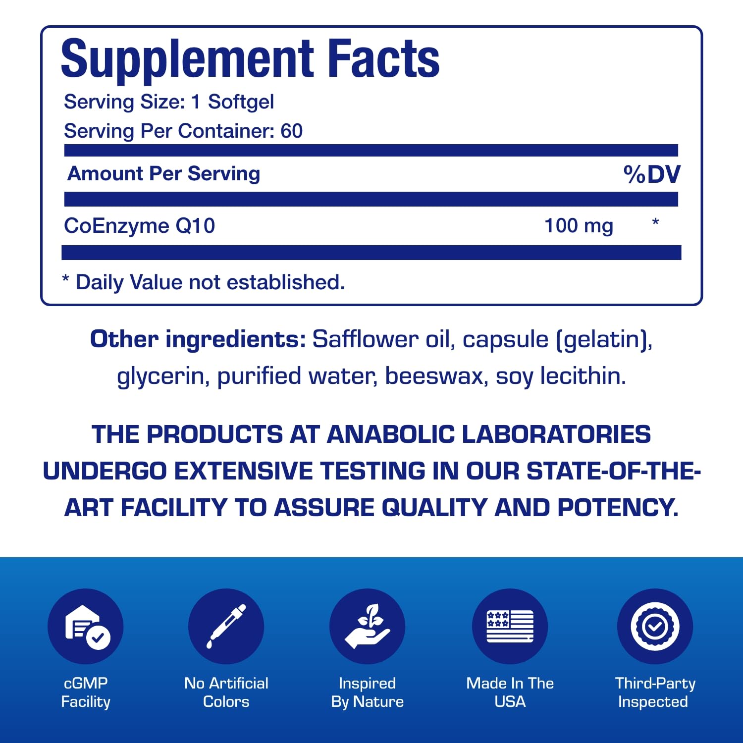 Anabolic Laboratories CoQ10 softgels pour into hand showing convenient dosage.