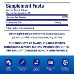 Anabolic Laboratories CoQ10 softgels pour into hand showing convenient dosage.