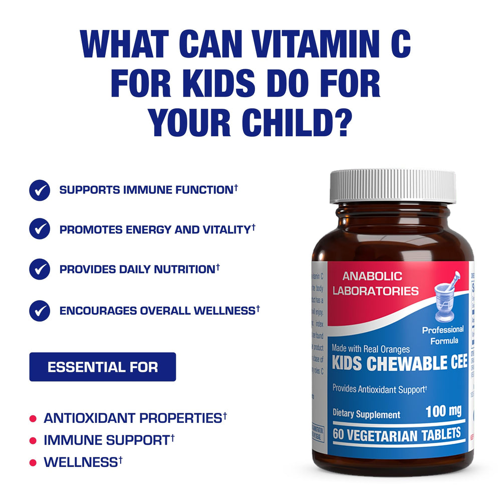Anabolic Laboratories Kids Vitamin C chewables 60 servings label highlights extended use.