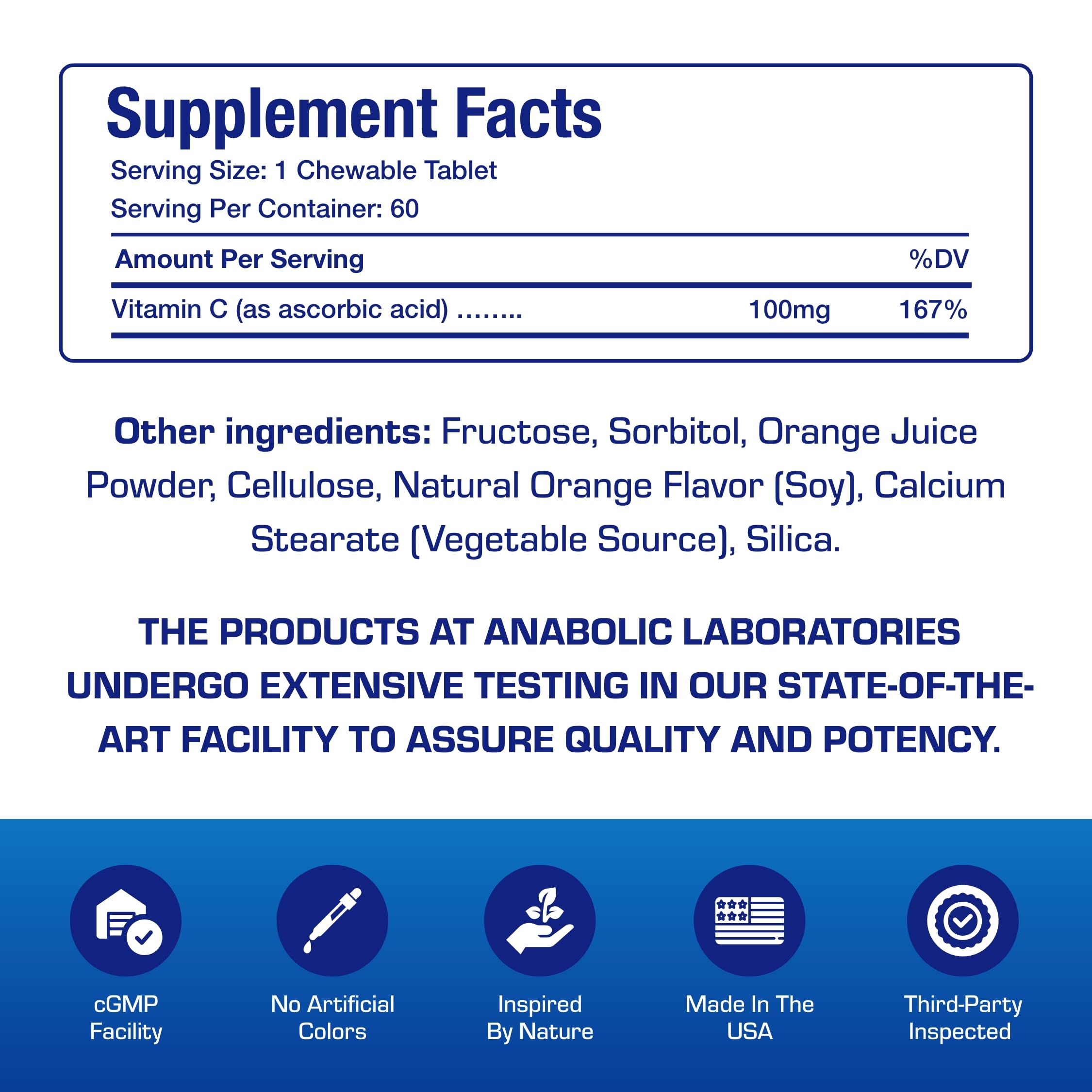 Anabolic Laboratories Kids Vitamin C chewables ingredients label shows real orange flavor.