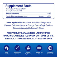 Anabolic Laboratories Kids Vitamin C chewables ingredients label shows real orange flavor.