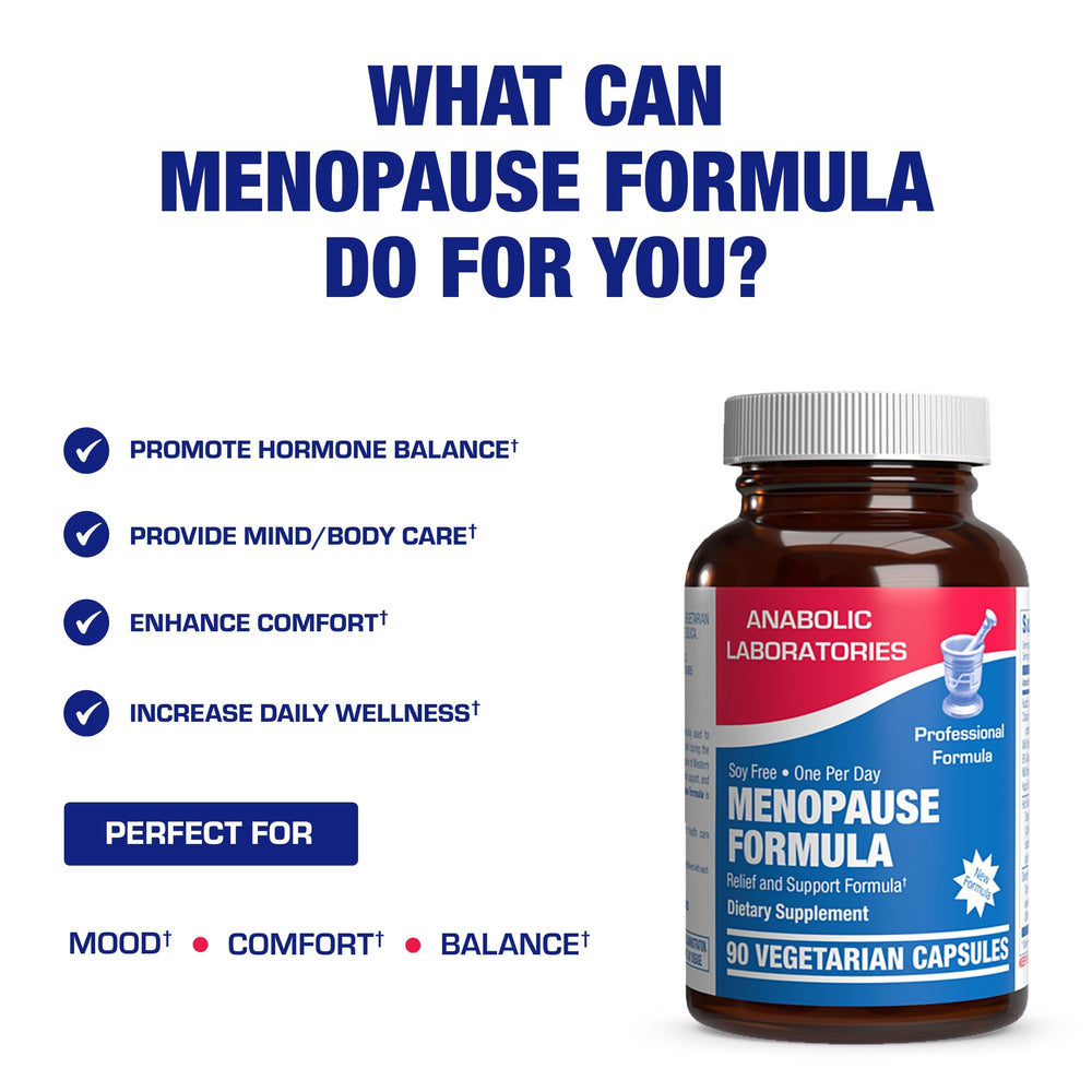 Menopause support bottle and label emphasize clinical-inspired herbal ingredients.