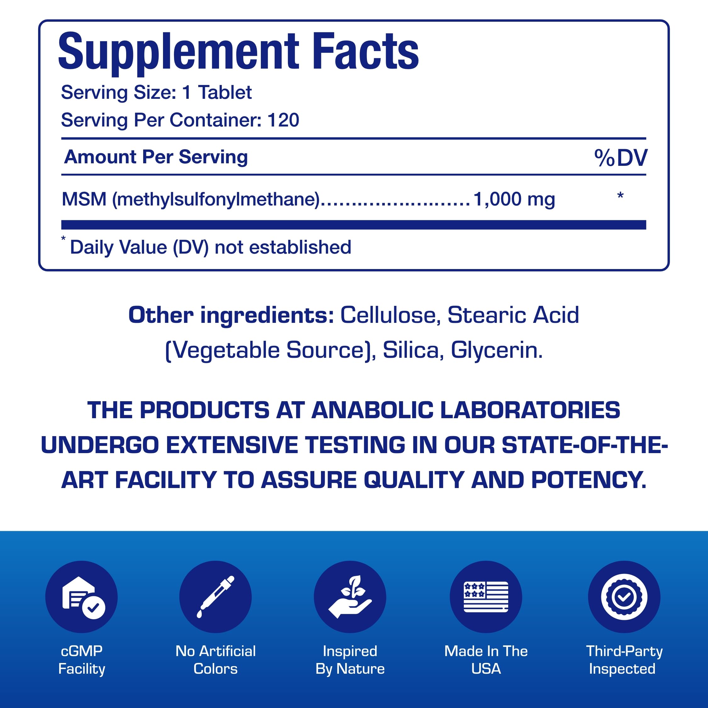 Anabolic Laboratories MSM made-usa label signals US-made production quality.