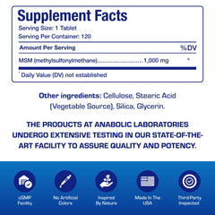Anabolic Laboratories MSM made-usa label signals US-made production quality.
