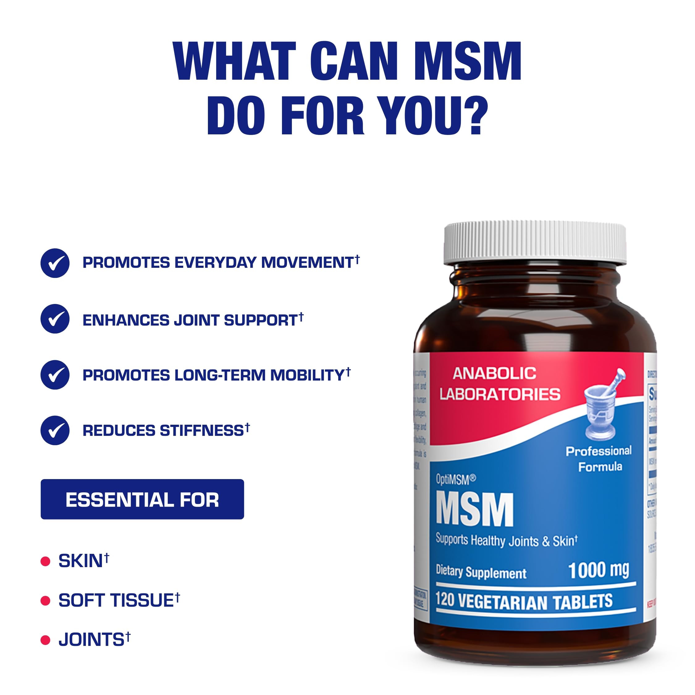 Anabolic Laboratories MSM bottle pours to illustrate convenient daily use.
