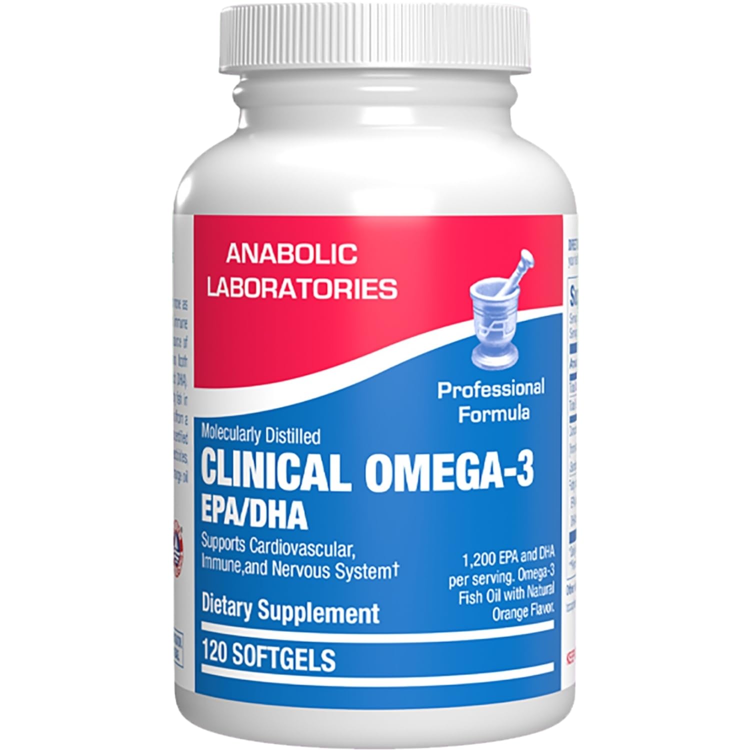 Anabolic Laboratories Omega-3 orange softgels bottle supports heart and immune health.